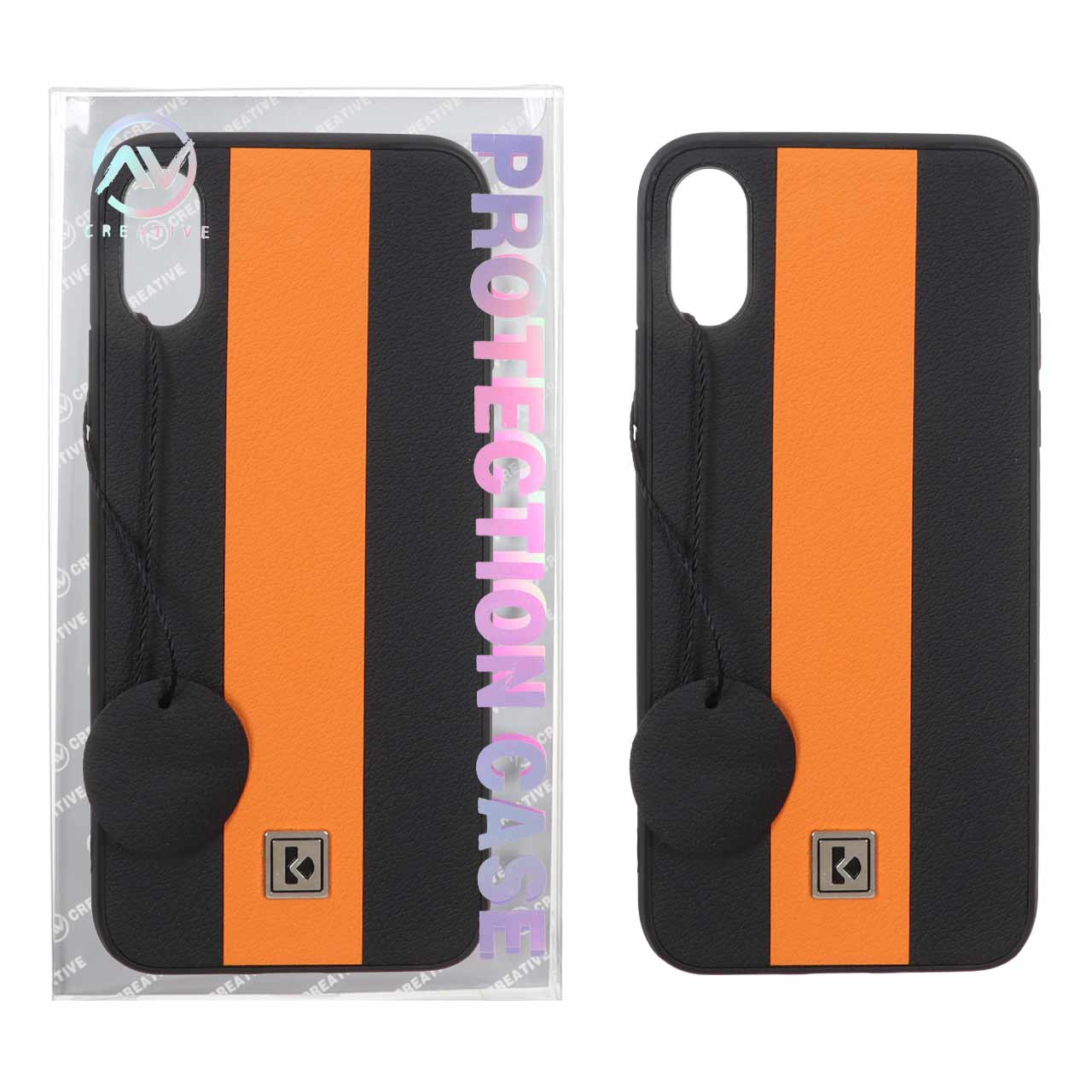 قاب Protection Case طرح چرم لوگو فلزی Apple iPhone X / iPhone XS - مشکی نارنجی (پک دار)