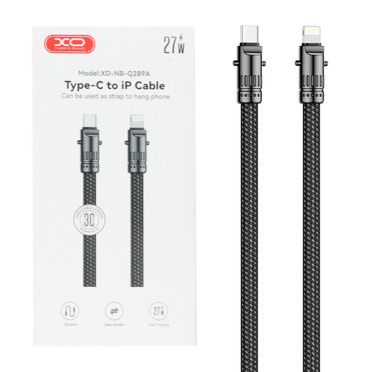 کابل شارژ فست پاوربانک XO Type-C to Lightning مدل XO-NB-Q289A 27W - مشکی