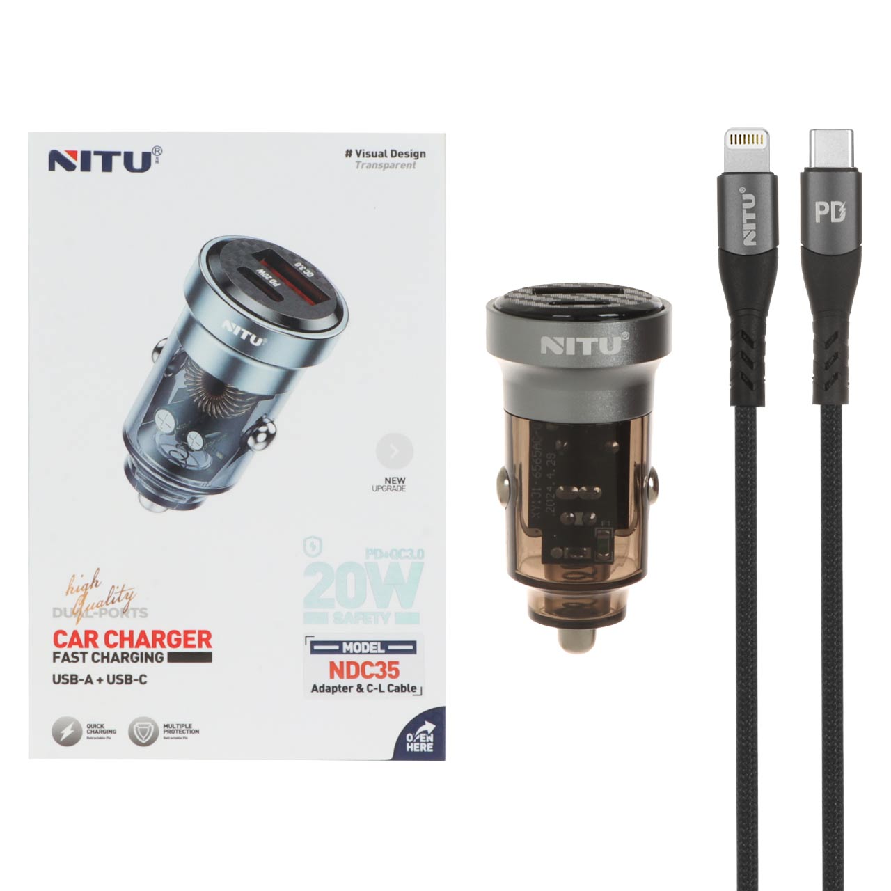 شارژر فندکی فست و PD دو پورت Nitu مدل NDC35 20W به همراه کابل شارژ Type-C To Lightning - خاکستری (گارانتی 18 ماه تعویض نیکان همراه)