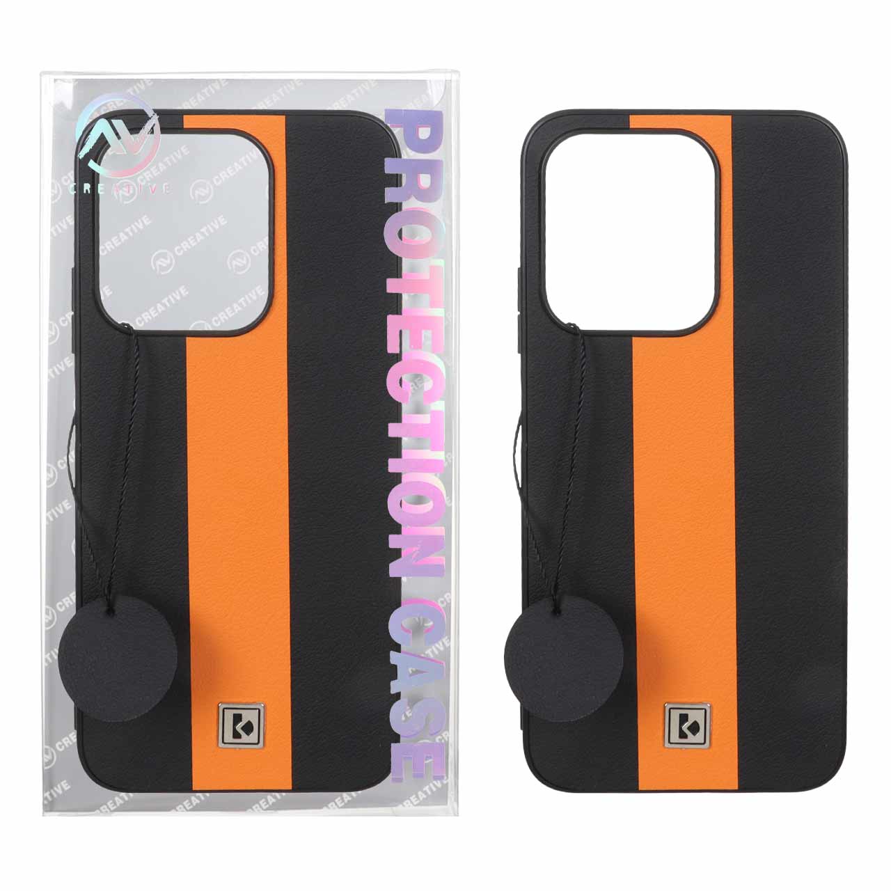 قاب Protection Case طرح چرم لوگو فلزی Xiaomi Redmi 15C / Poco C85 - مشکی نارنجی (پک دار)