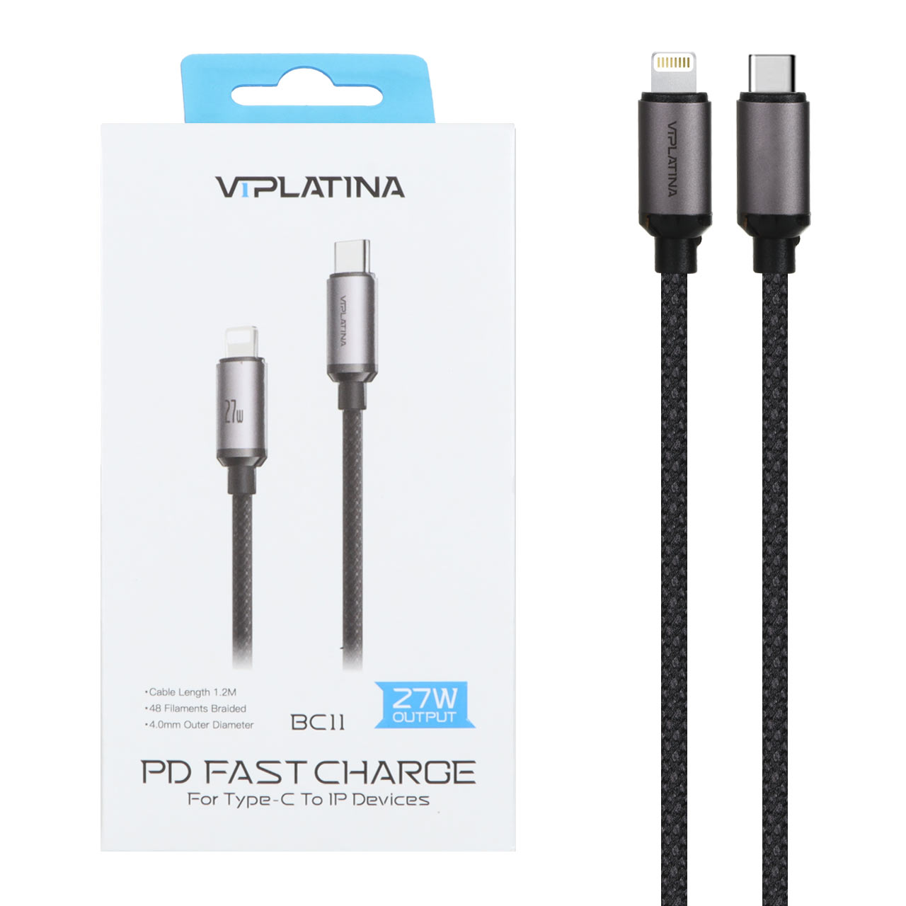 کابل شارژ فست VIPLATINA Type-C To Lightning مدل BC11 27W - مشکی
