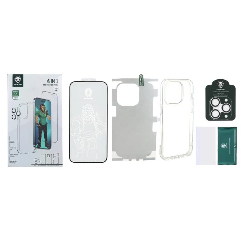 قاب اورجینال Green Lion 4IN1 با ست برچسب پشت و محافظ لنز و صفحه نمایش مدل Apple iPhone 14 Pro - نقره ای (پک دار)