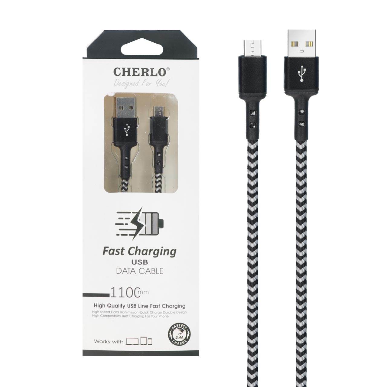 کابل شارژ 1.1 متری فست اندروید CHERLO مدل CH-V821 - مشکی سفید - SMO