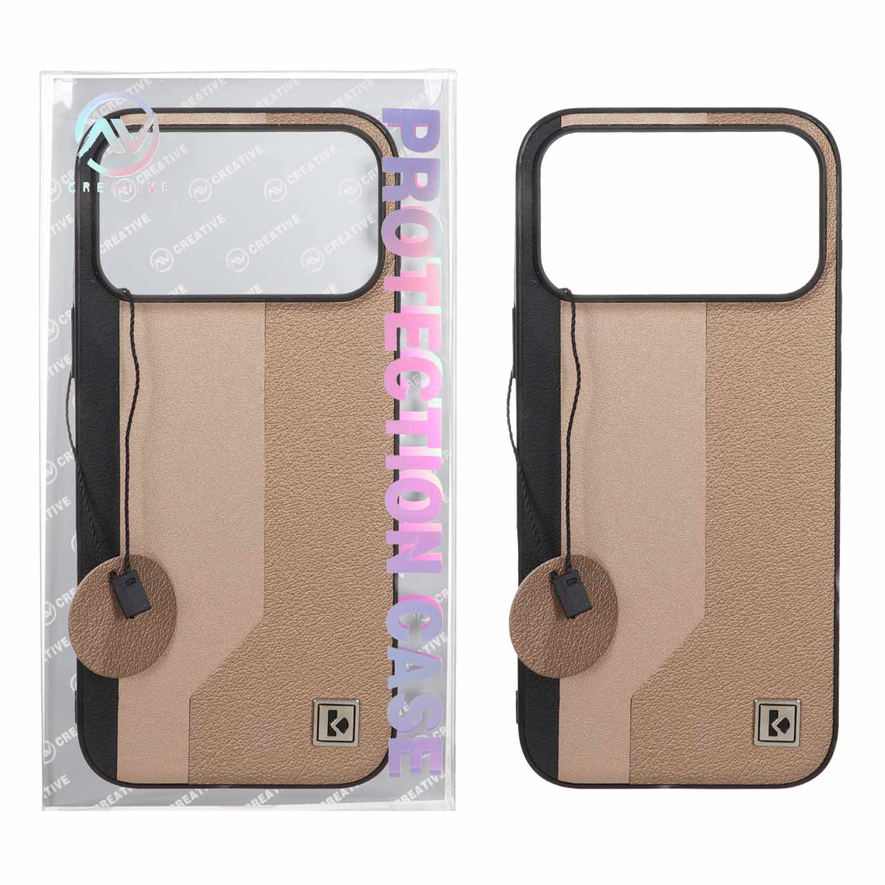 قاب Protection Case طرح چرم لوگو فلزی Apple iPhone 17 Pro Max - طلایی (پک دار)