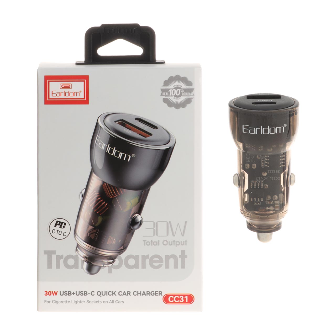 شارژر فندکی PD و فست دو پورت Earldom مدل CC31 به همراه کابل شارژ Type-C To Type-C - مشکی