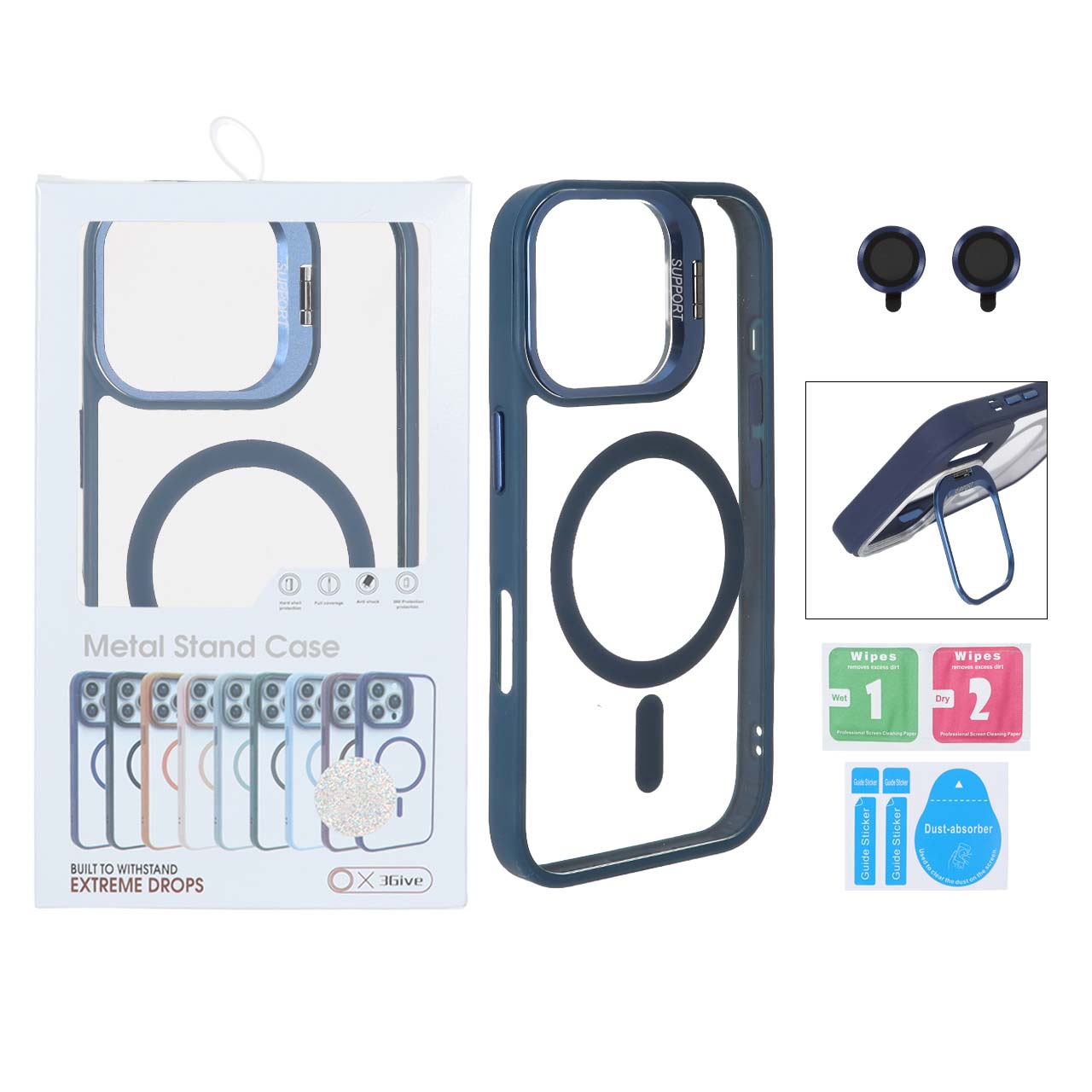 قاب Support لنز آلومینیومی Magsafe با ست محافظ لنز رینگی Apple iPhone 16 - سرمه ای (پک دار)
