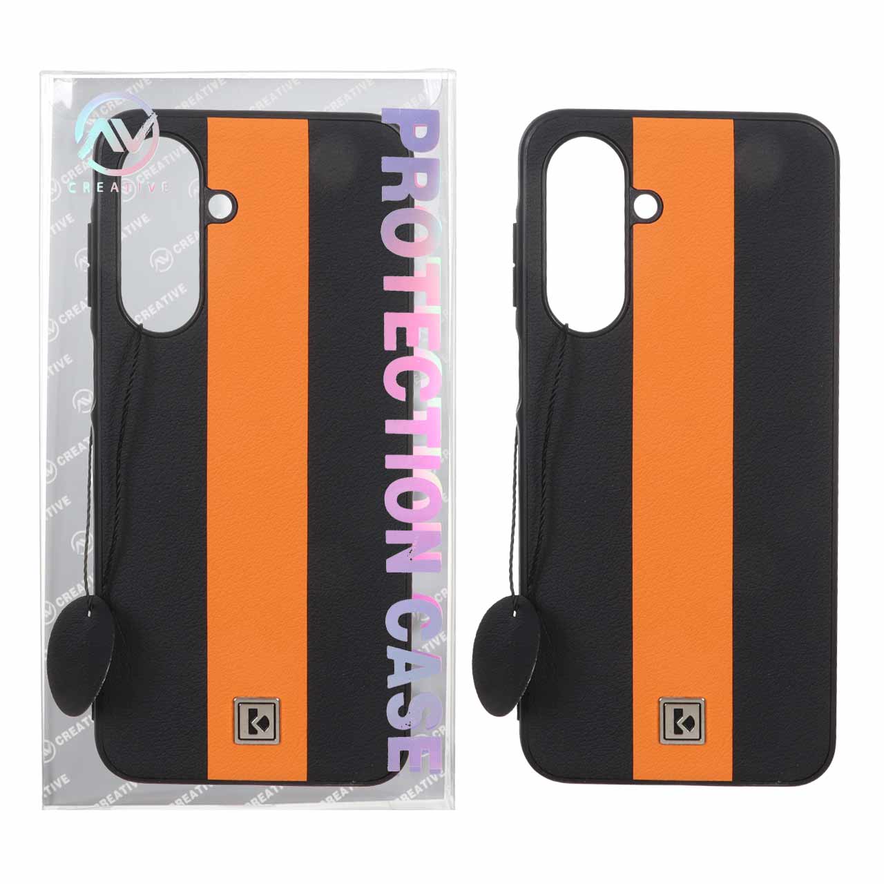 قاب Protection Case طرح چرم لوگو فلزی Samsung Galaxy A17 / A26 - مشکی نارنجی (پک دار)