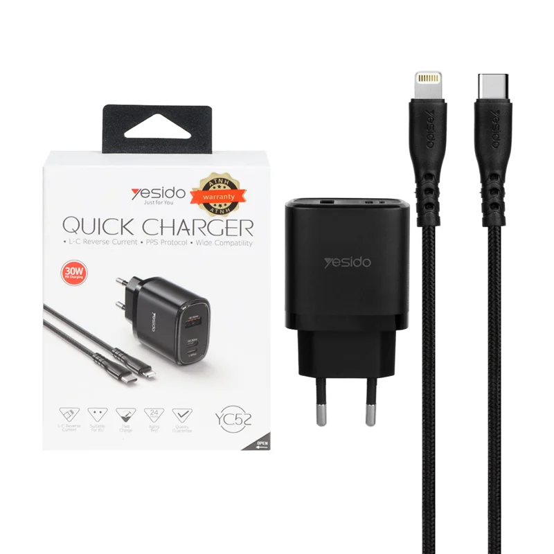 شارژر دیواری فست و PD سه پورت Yesido مدل YC52 30W به همراه کابل شارژ آیفون - مشکی