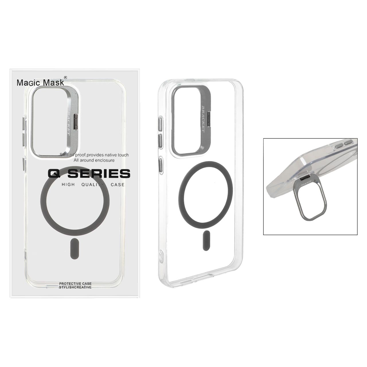 قاب اورجینال Q Series Bracket کریستالی Magsafe لنز استندشو Samsung Galaxy S24 FE - خاکستری (پک دار)