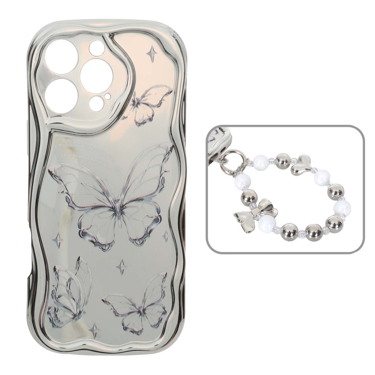 قاب کنگره ای آینه ای طرح دار با آویز مچی مرواریدی Apple iPhone 16 Pro Max - کد 146