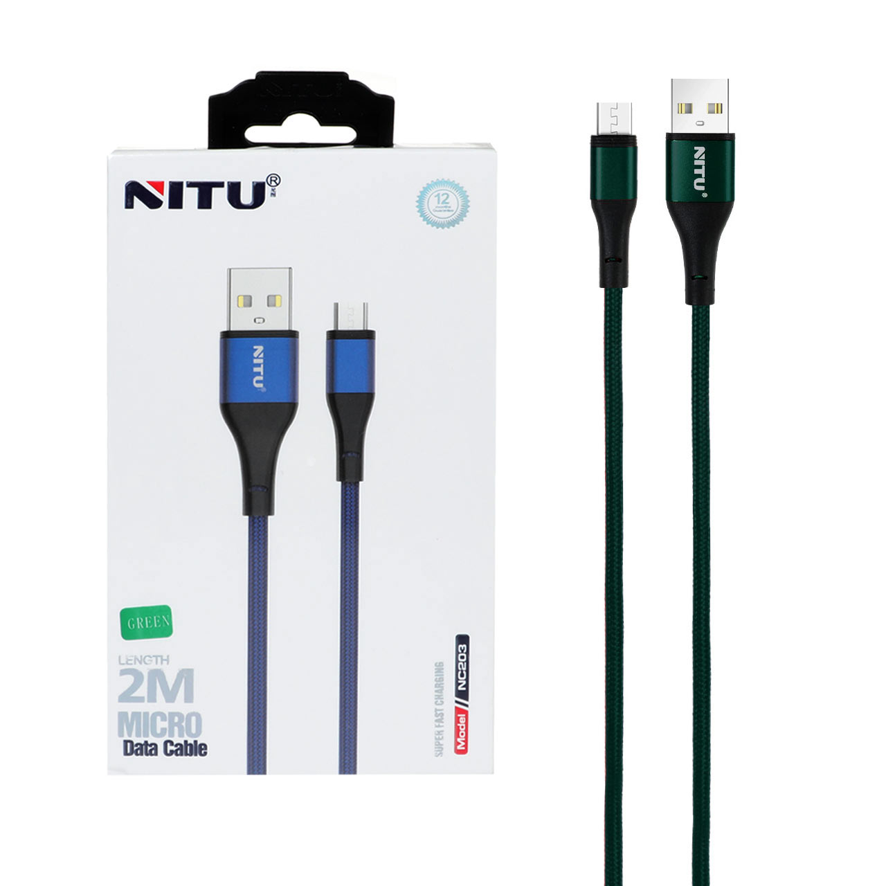 کابل شارژ فست 2 متری اندروید NITU مدل NC203 - سبز (گارانتی 18 ماه تعویض نیکان همراه)