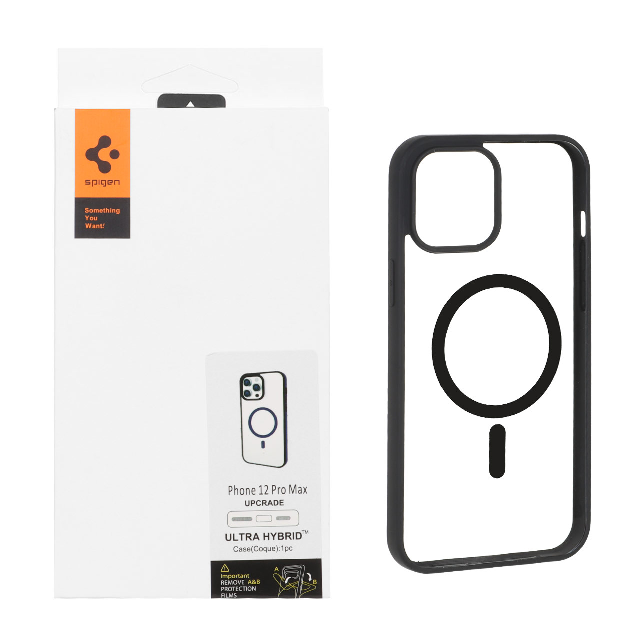 قاب اورجینال Magsafe Spigen با توری اسپیکر فلزی Apple iPhone 12 Pro Max - شفاف مشکی (پک دار)