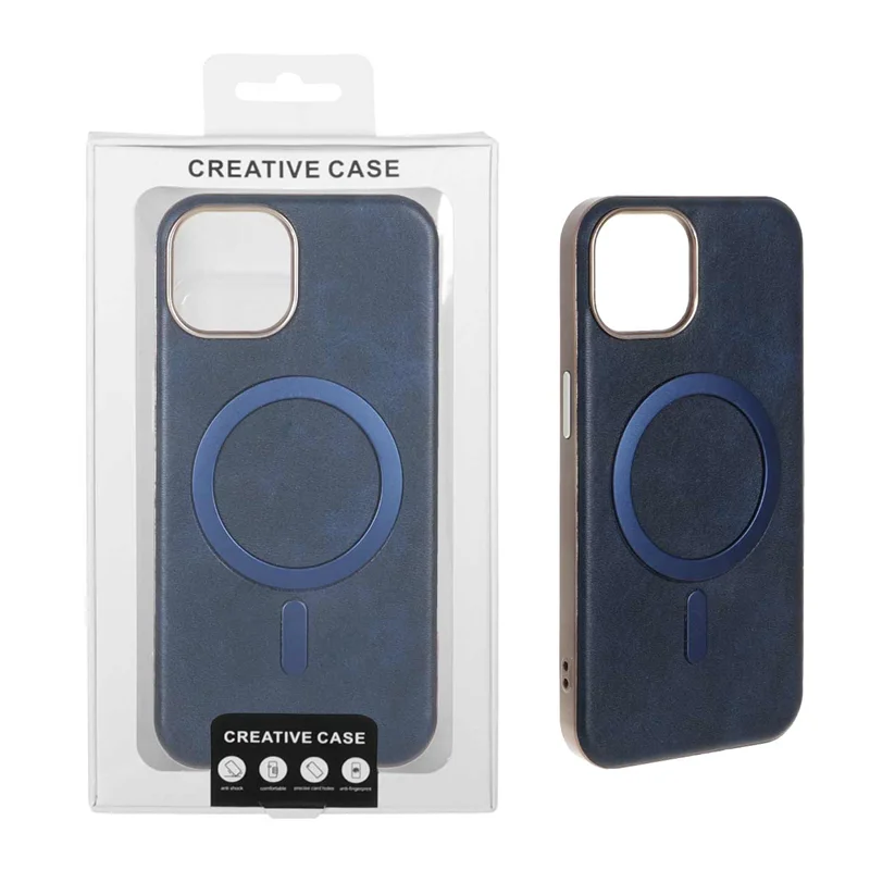 قاب اورجینال چرمی MagSafe برجسته Apple iPhone 13 / iPhone 14 - سرمه ای (پک دار)