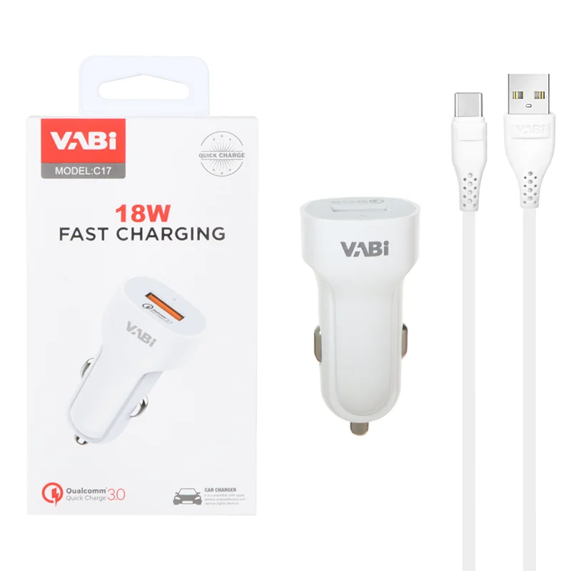 شارژر فندکی فست تک پورت VABI مدل C17 18W به همراه کابل شارژ Type-C - سفید
