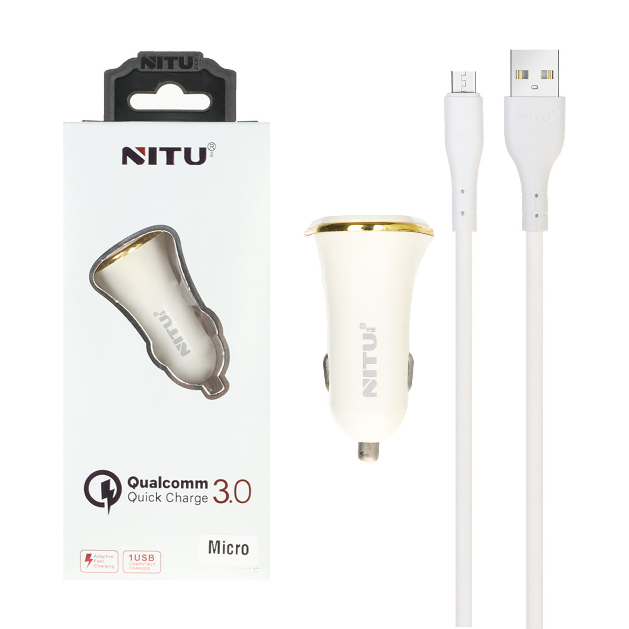 شارژر فندکی فست تک پورت NITU مدلNT-CC802F همراه با کابل اندروید -سفید (گارانتی 18 ماه تعویض نیکان همراه)