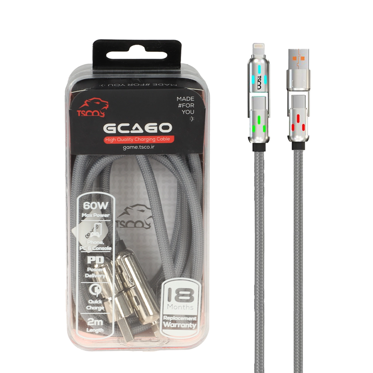 کابل شارژ PD و فست 60W چهارکاره ( گیمینگ ) 2 متری TSCO مدل GCA60 - طوسی (گارانتی 18 ماهه تسکو)