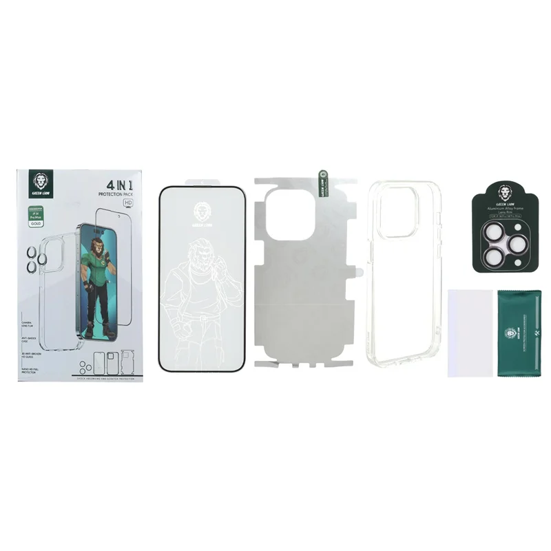 قاب اورجینال Green Lion 4IN1 با ست برچسب پشت و محافظ لنز و صفحه نمایش مدل Apple iPhone 14 Pro - بنفش (پک دار)