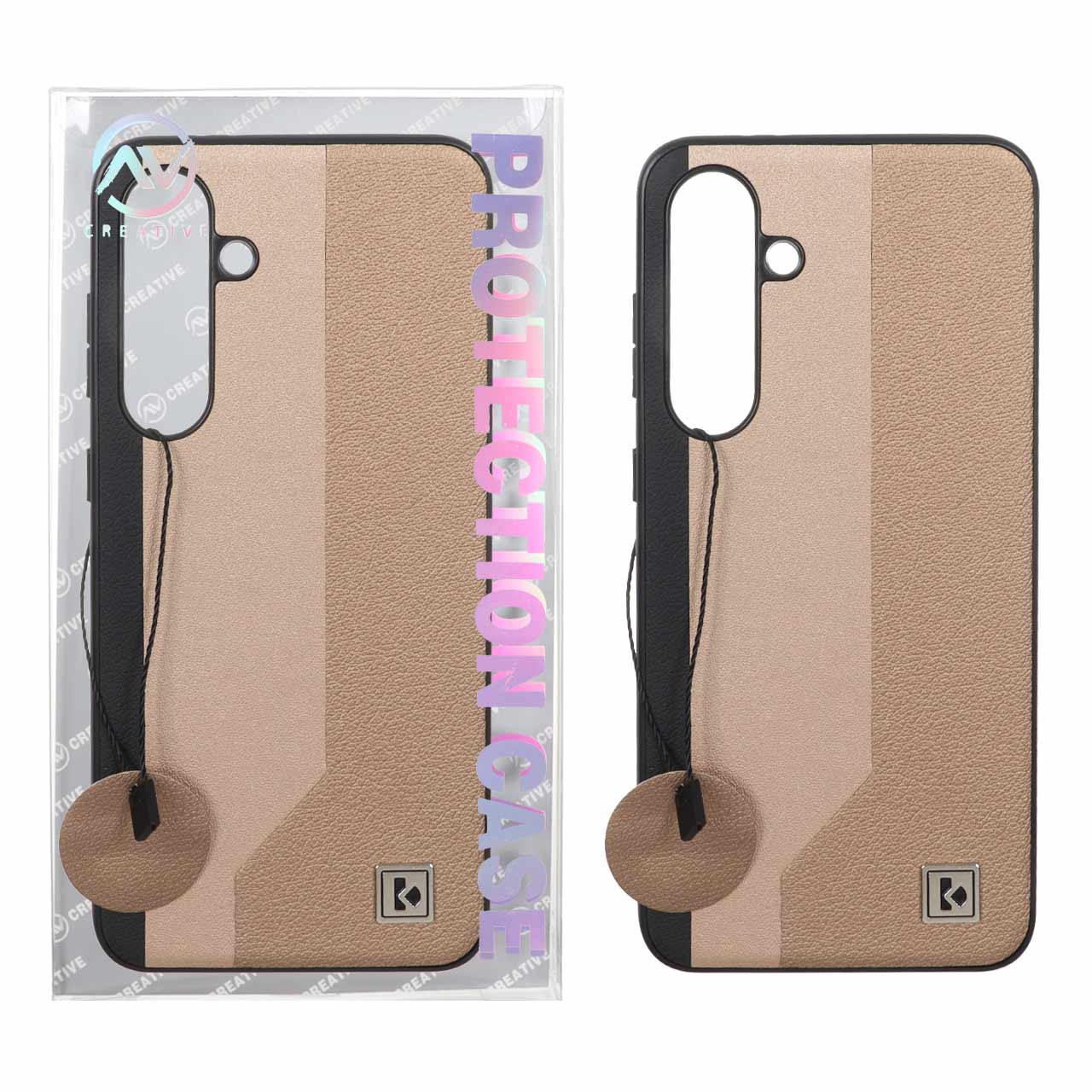 قاب Protection Case طرح چرم لوگو فلزی Samsung Galaxy S24 FE - طلایی (پک دار)