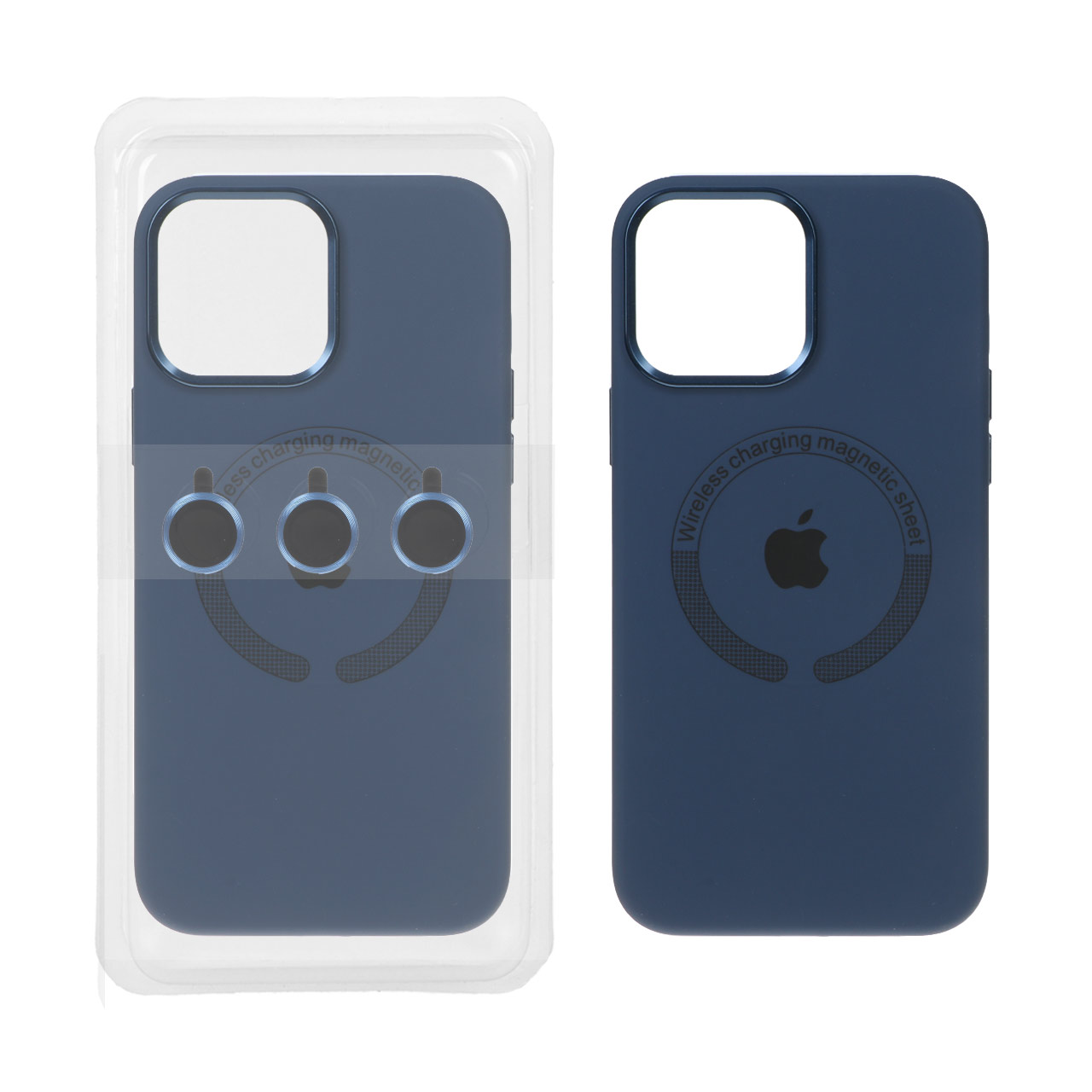 قاب سیلیکونی اورجینال Magsafe با ست محافظ لنز رینگی Apple iPhone 13 Pro Max - سرمه ای (پک دار)