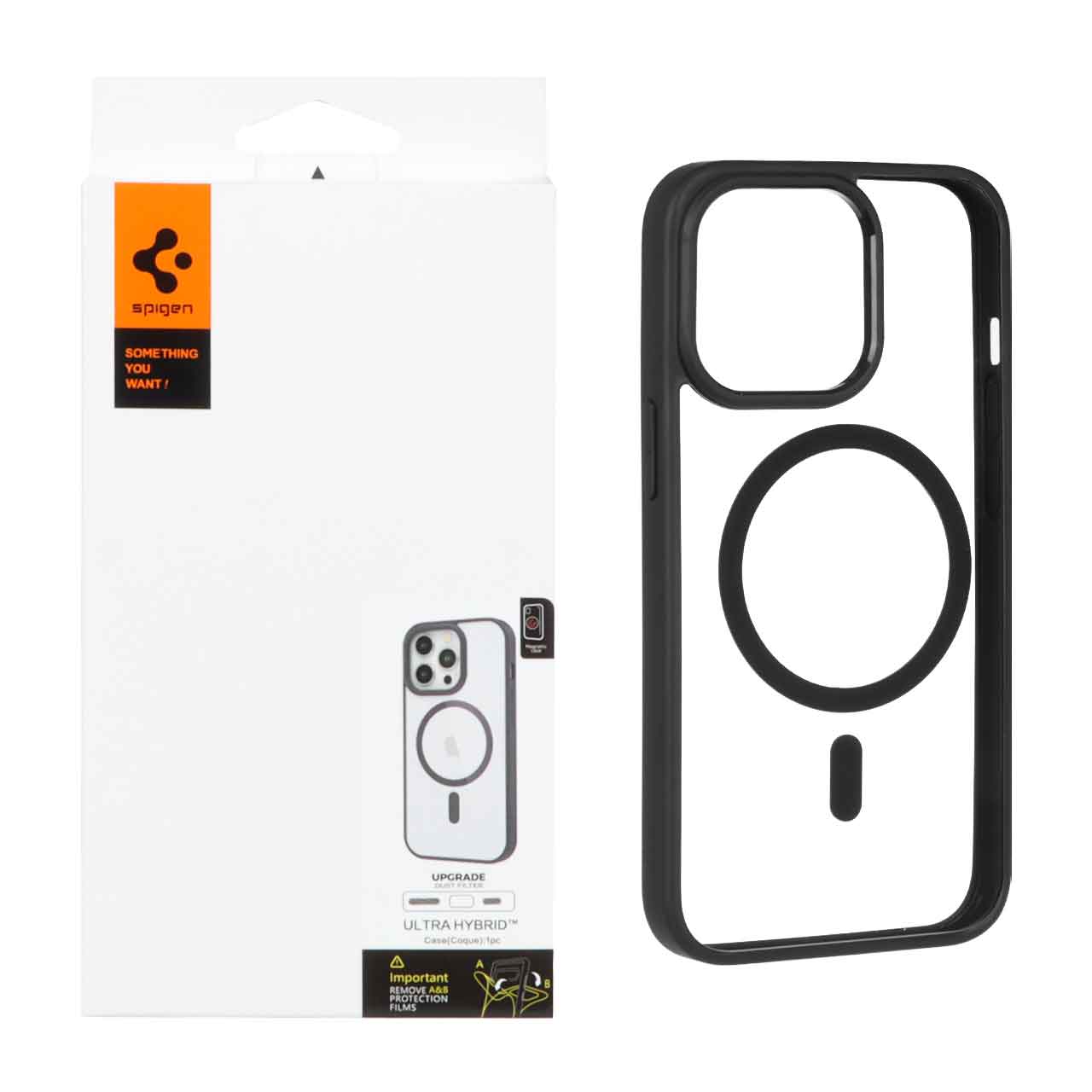 قاب اورجینال Magsafe Spigen با توری اسپیکر فلزی Apple iPhone 13 Pro - شفاف مشکی (پک دار)