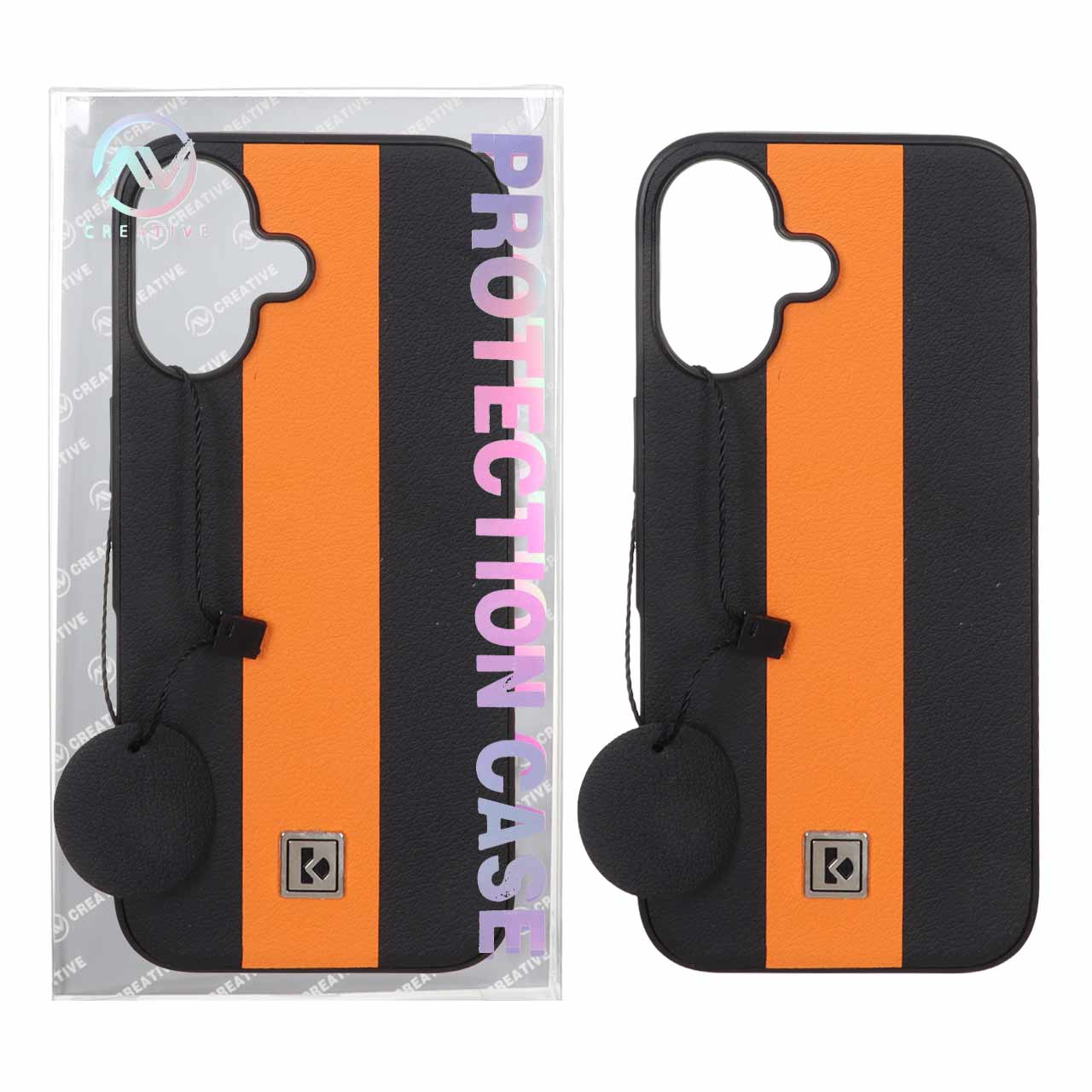 قاب Protection Case طرح چرم لوگو فلزی Apple iPhone 16 - مشکی نارنجی (پک دار)