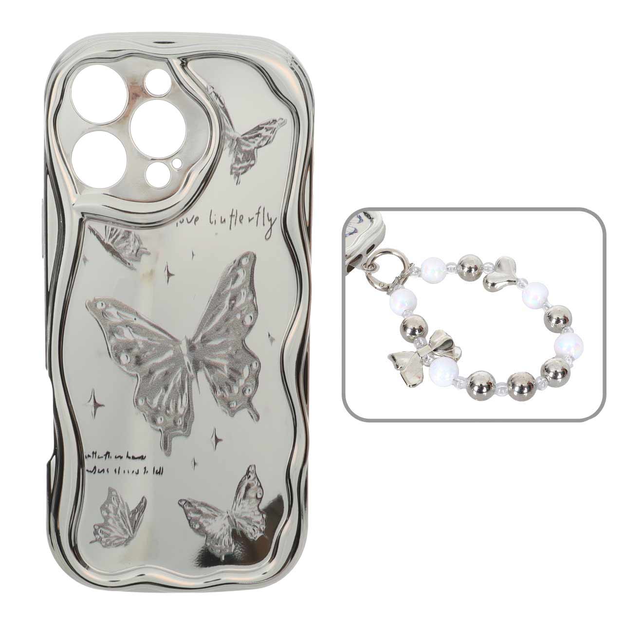 قاب کنگره ای آینه ای طرح دار با آویز مچی مرواریدی Apple iPhone 16 Pro Max - کد 145