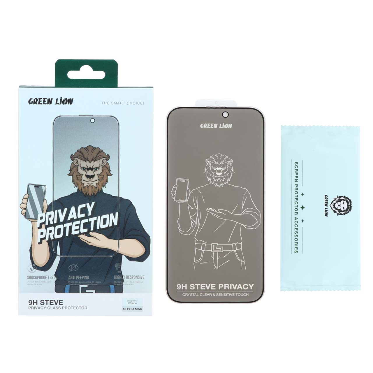محافظ صفحه نمایش شیشه ای اورجینال Green Lion Steve Privacy مدل Apple iPhone 16 Pro Max (پک دار)