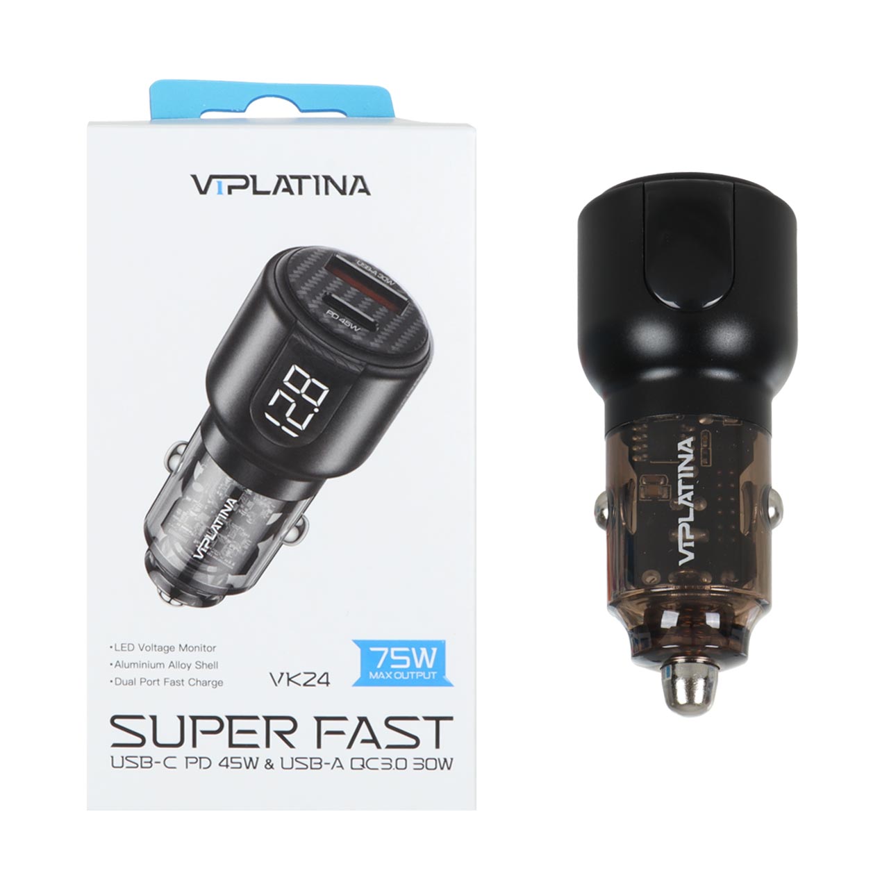 شارژر فندکی فست و PD دو پورت VIPLATINA مدل VK24 75W - مشکی (گارانتی 18 ماه تعویض نیکان همراه)