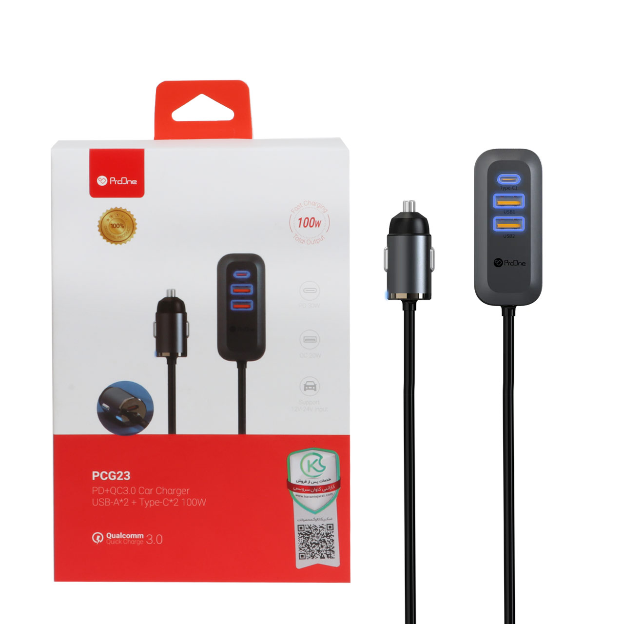 شارژر فندکی فست و PD تک پورت ProOne مدل PCG23 100W بهمراه کابل متصل - خاکستری