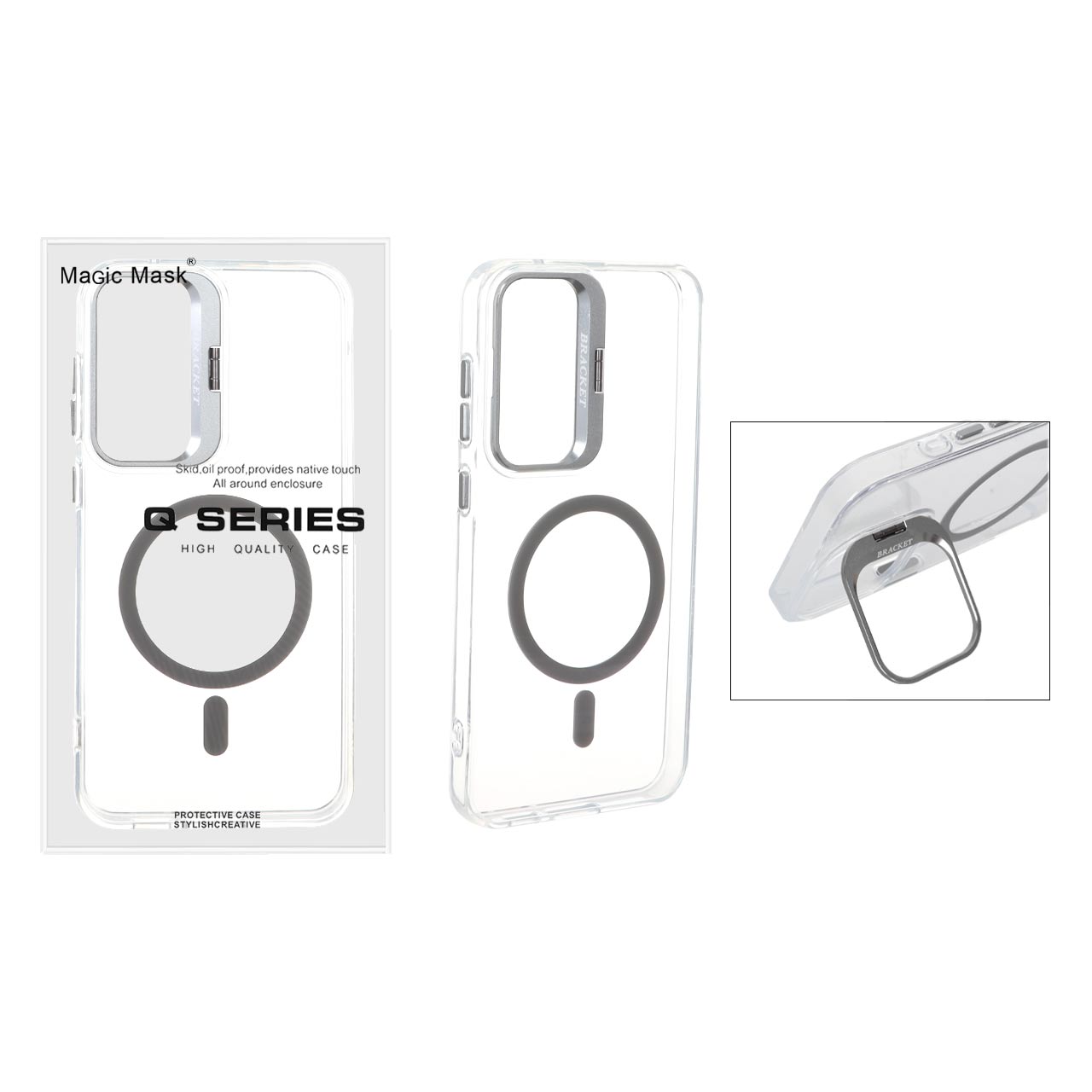قاب اورجینال Q Series Bracket کریستالی Magsafe لنز استندشو Samsung Galaxy S23 FE - خاکستری (پک دار)
