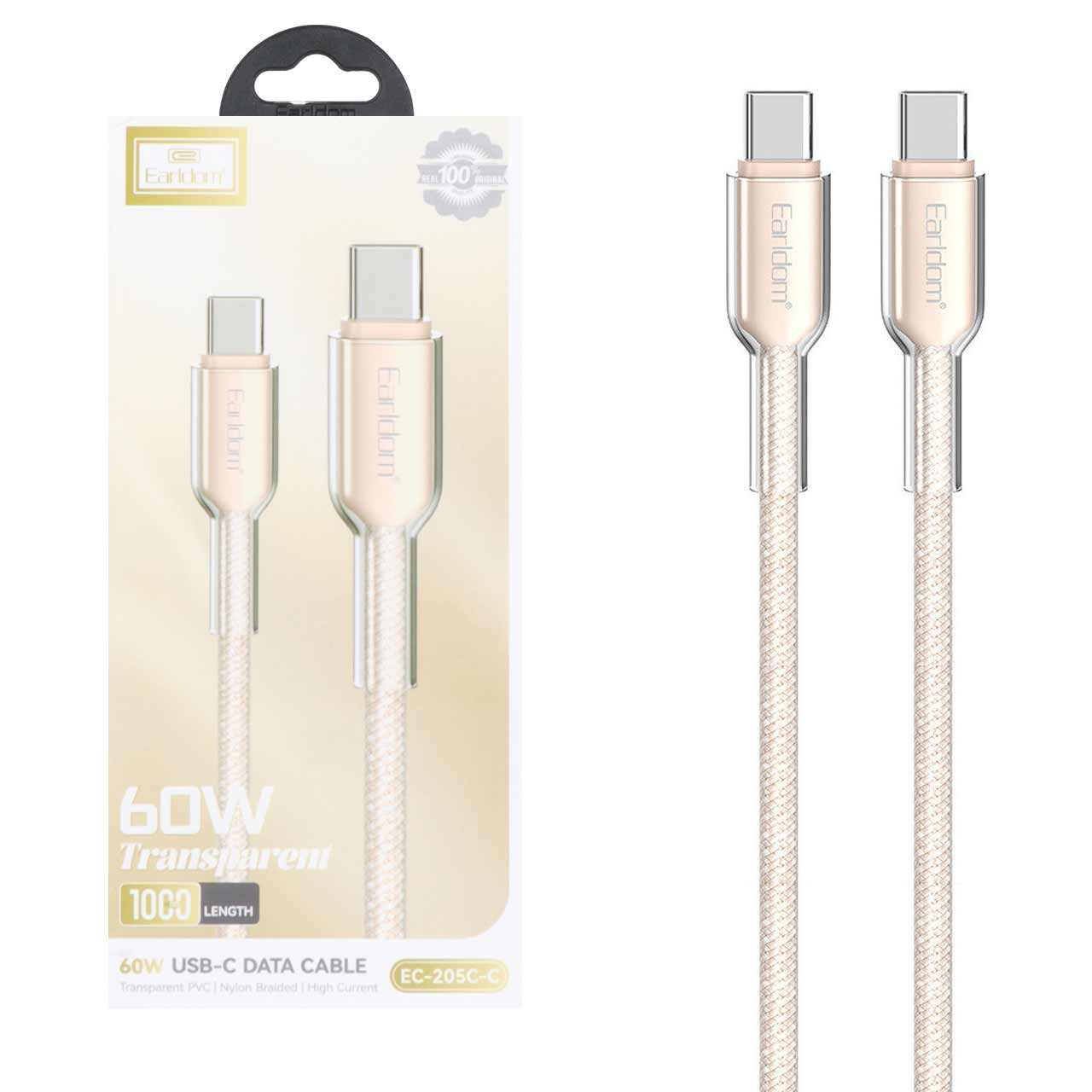 کابل شارژ PD و فست Earldom Type-C To Type-C مدل EC-205C-C 60W - کرم