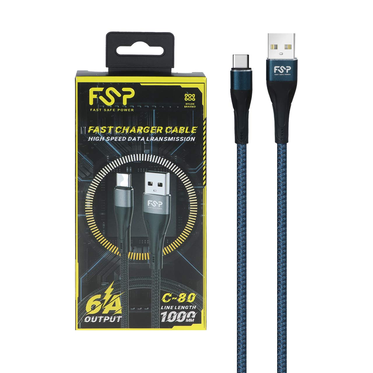 کابل شارژ فست FSP Type-C مدل C-80 - آبی - BSA