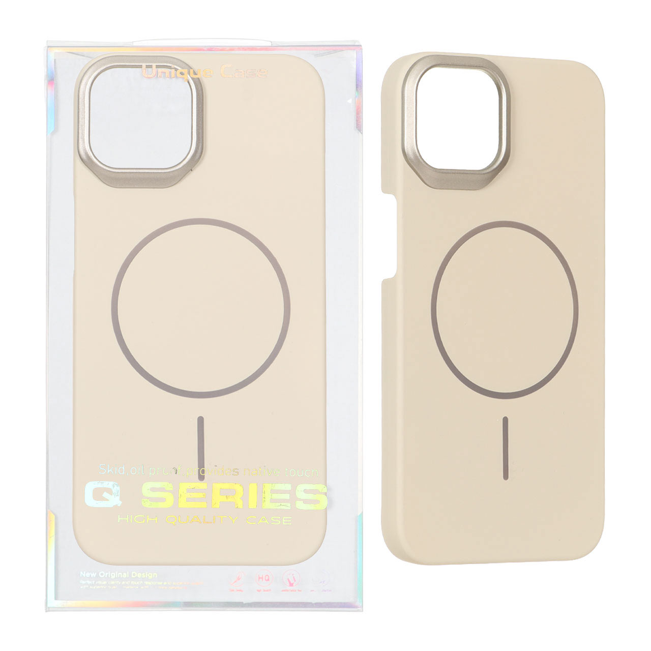 قاب اورجینال Q Series پشت سخت MagSafe دور لنز برجسته Apple iPhone 15 / iPhone 14 / iPhone 13 - کرم (پک دار)