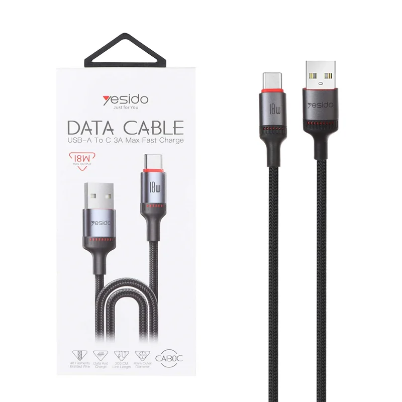 کابل شارژ 2 متری فست Yesido Type-C مدل CA130C 18W - مشکی