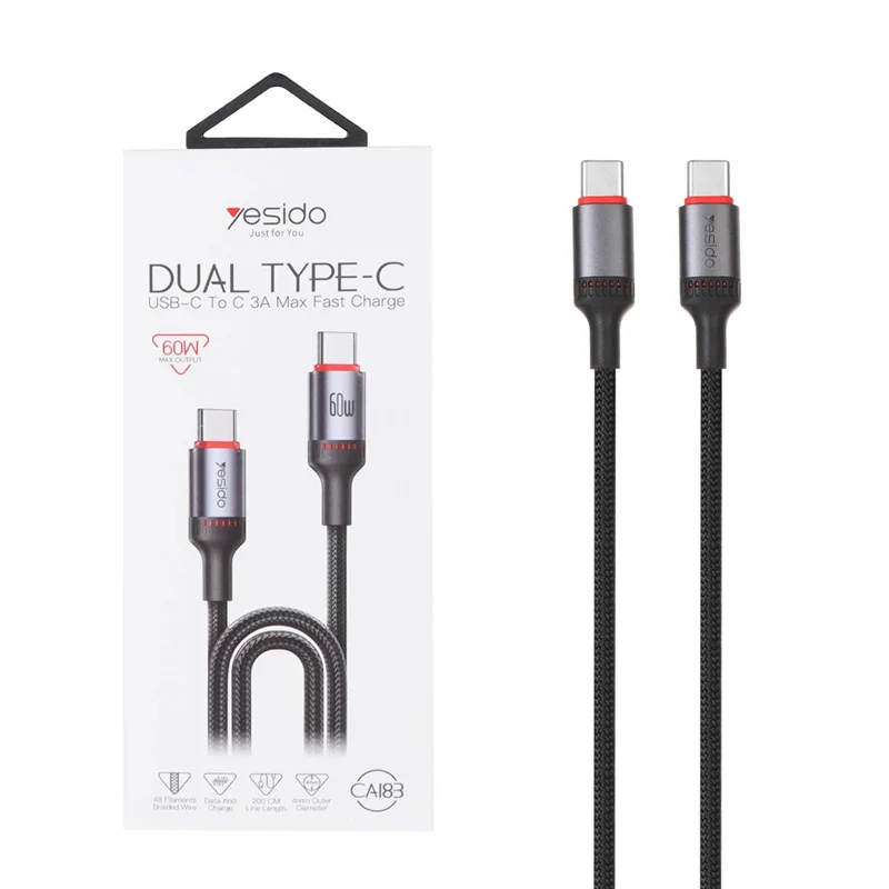 کابل شارژ 2 متری فست Yesido Type-C To Type-C مدل CA183 60W - مشکی
