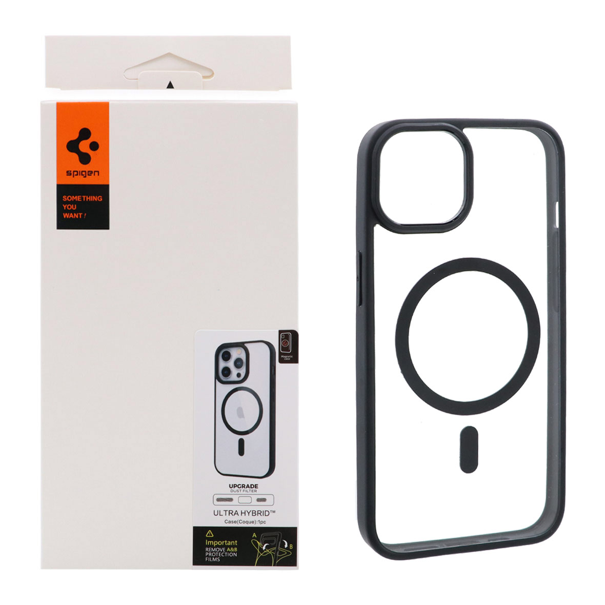 قاب اورجینال Magsafe Spigen با توری اسپیکر فلزی Apple iPhone 13 / iPhone 14 - شفاف مشکی (پک دار)