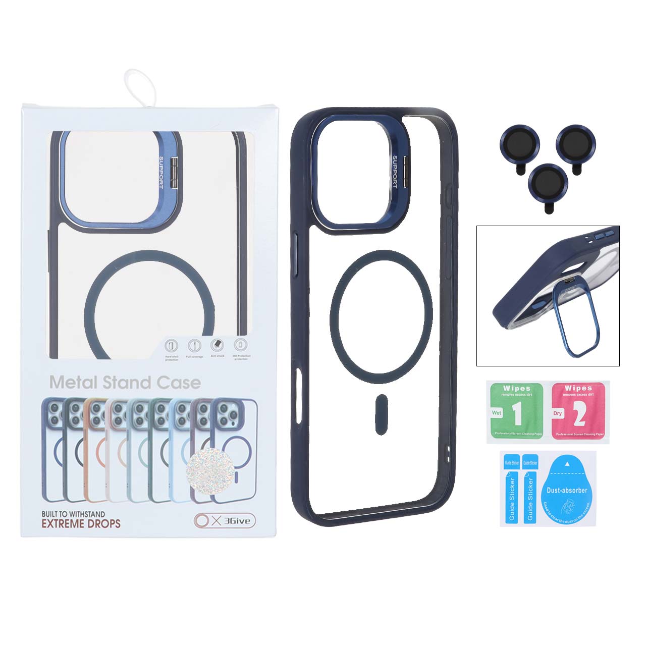 قاب Support لنز آلومینیومی Magsafe با ست محافظ لنز رینگی Apple iPhone 16 Pro Max - سرمه ای (پک دار)