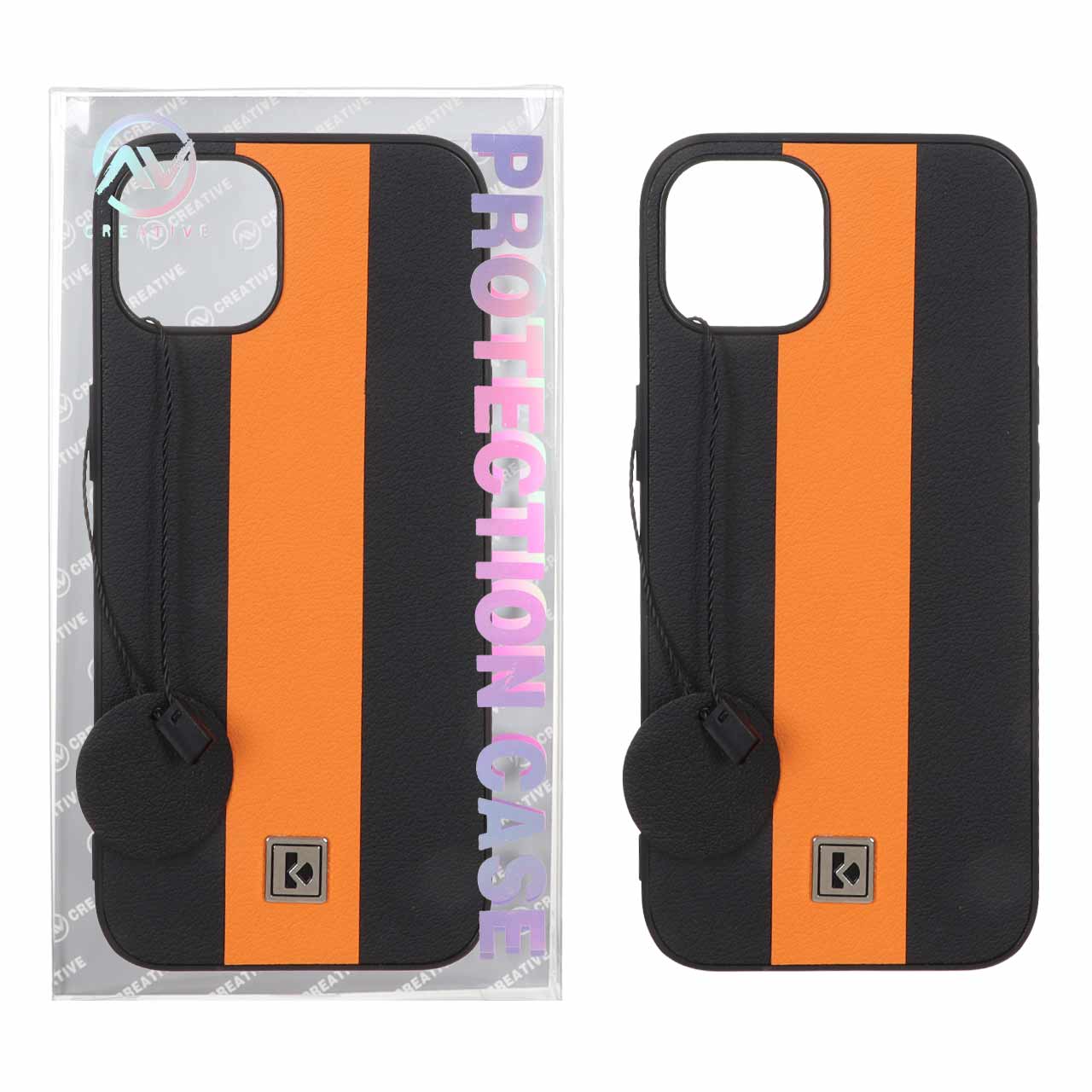 قاب Protection Case طرح چرم لوگو فلزی Apple iPhone 13 / iPhone 14 - مشکی نارنجی (پک دار)