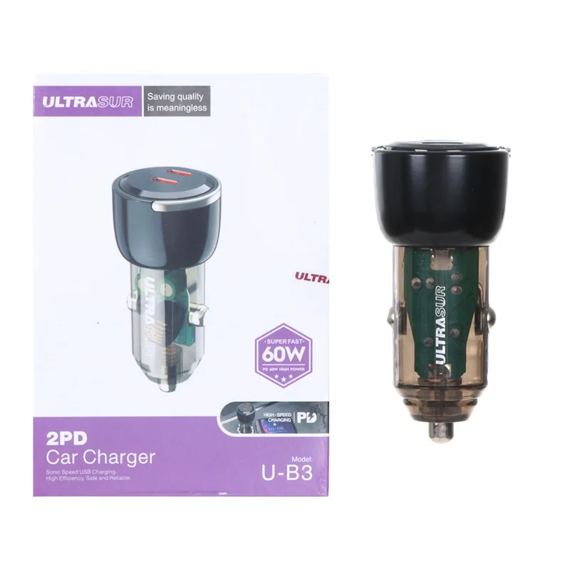 شارژر فندکی PD و فست دو پورت UltraSUR مدل U-B3 - مشکی