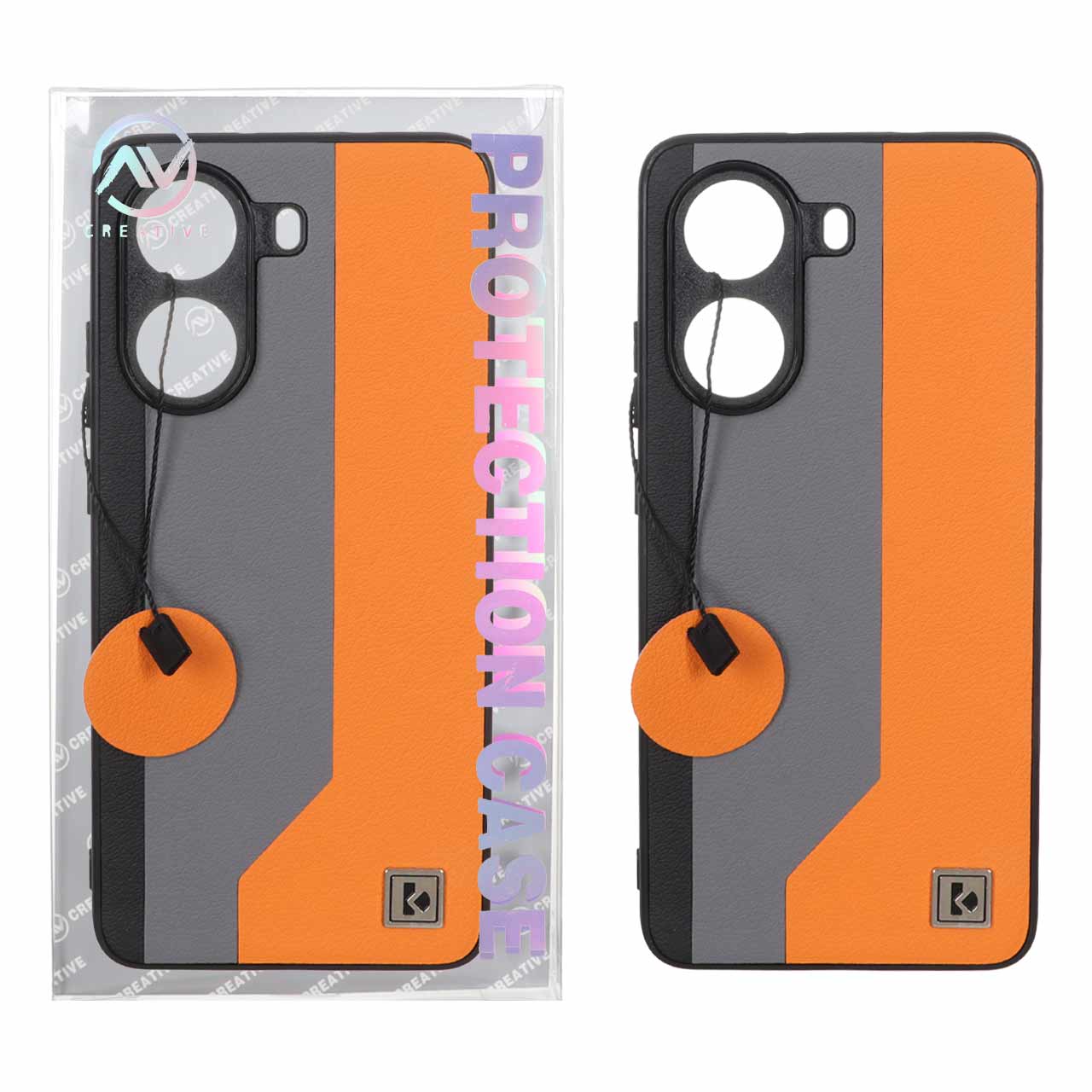 قاب Protection Case طرح چرم لوگو فلزی Xiaomi Poco X7 Pro - خاکستری نارنجی (پک دار)
