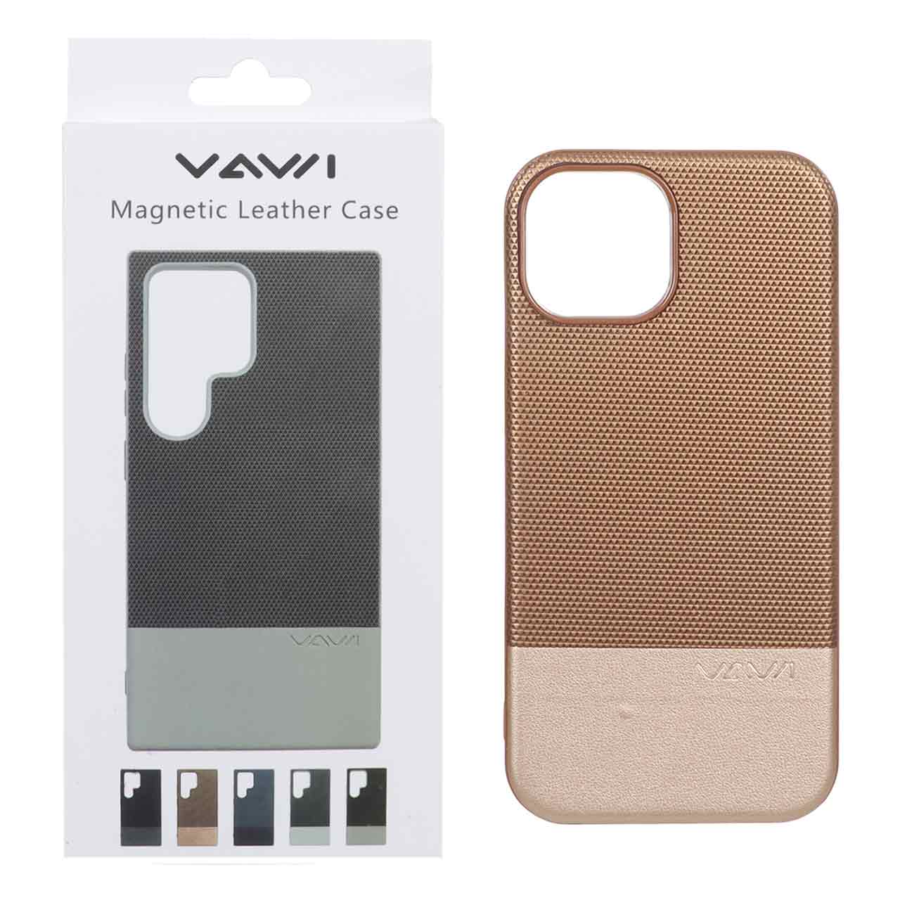 قاب Vawi چرمی دو تکه MagSafe مدل Apple iPhone 15 / iPhone 14 / iPhone 13 - طلایی (پک دار)