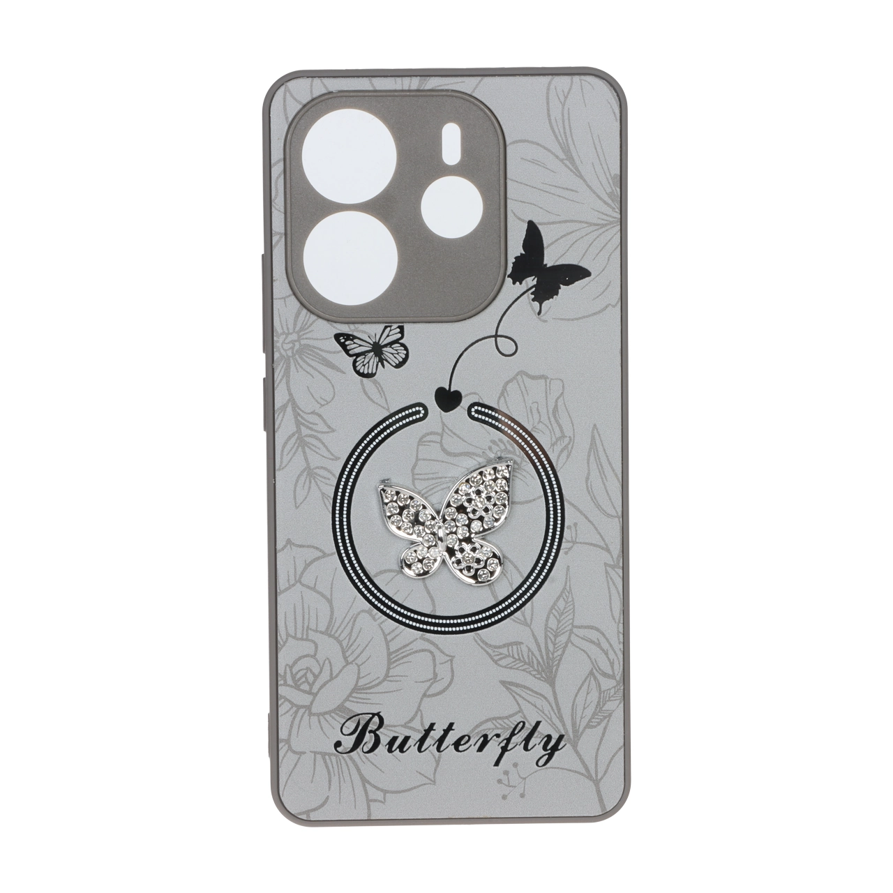 قاب Butterfly نگین دار آینه ای طرح مگ سیف Xiaomi Redmi Note 14 4G - خاکستری