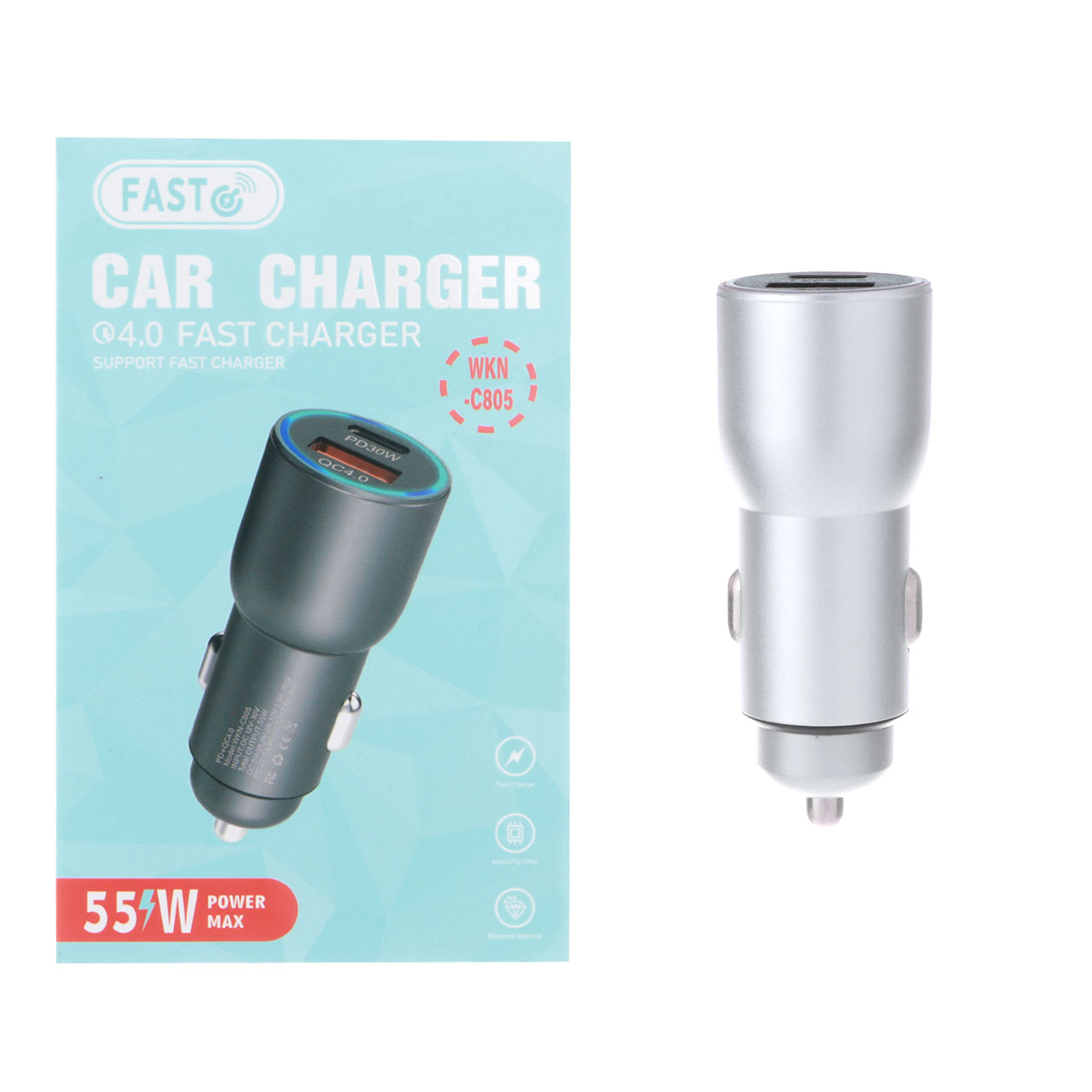 شارژر فندکی فست و PD دو پورت FAST مدل WKN-C805 55W - نقره ای - RYL
