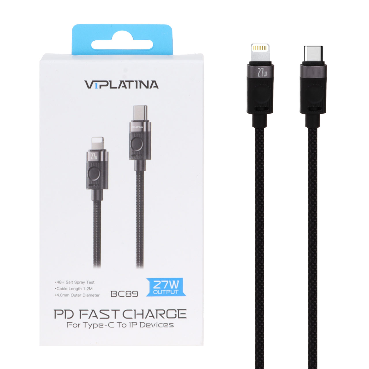 کابل شارژ فست VIPLATINA Type-C To Lightning مدل BC89 27W - مشکی