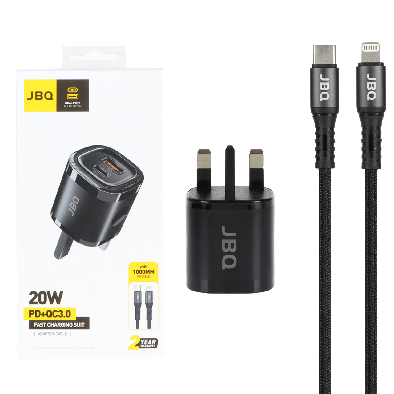 شارژر دیواری فست و PD دو پورت JBQ مدل HC-DP15 20W همراه با کابل آیفون - مشکی