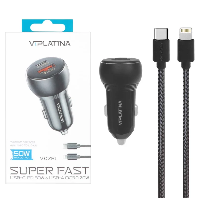 شارژر فندکی PD و فست دو پورت VIPLATINA مدل VK26L 50W به همراه کابل شارژ Type-C To Lightning - مشکی