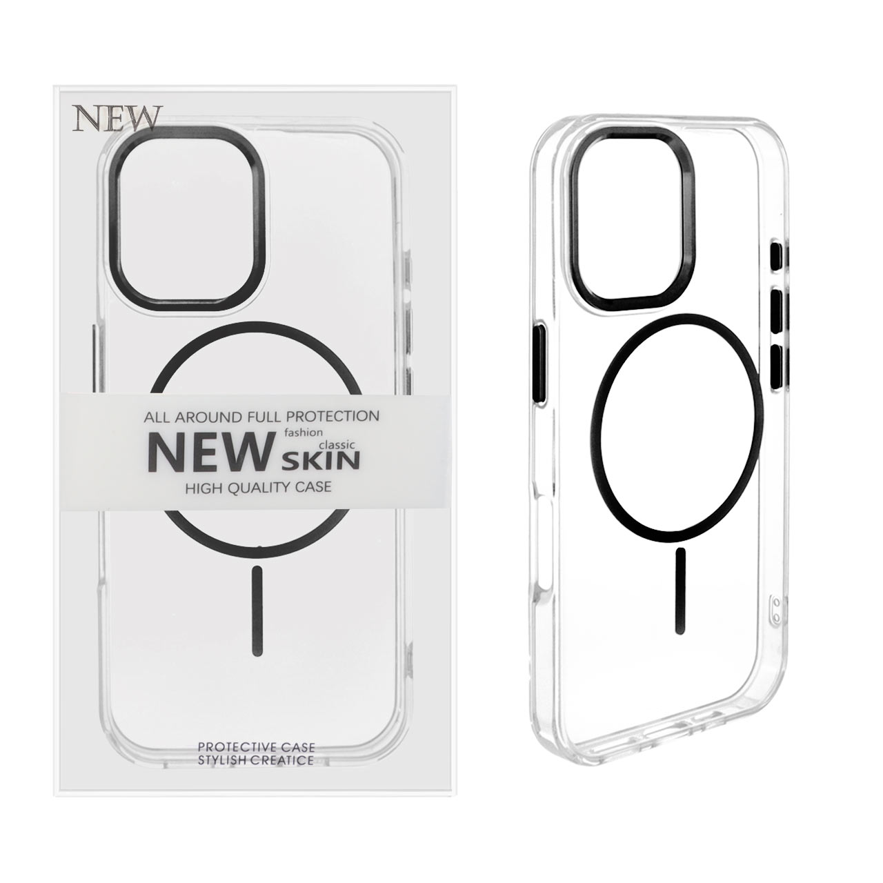 قاب اورجینال New Skin شفاف MagSafe لنز آلومینیومی Apple iPhone 16 - مشکی (پک دار)