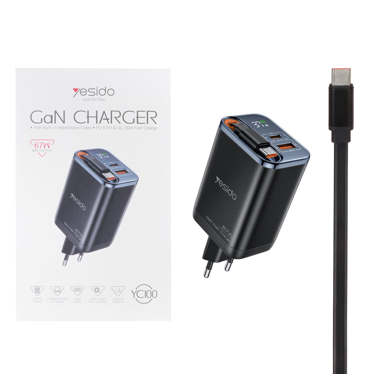 شارژر دیواری PD و فست سه پورت Yesido مدل YC100 67W - مشکی