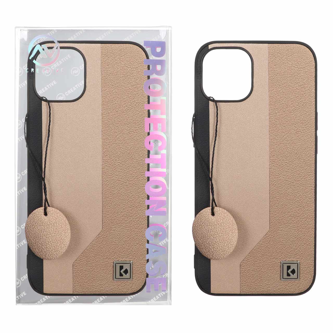 قاب Protection Case طرح چرم لوگو فلزی Apple iPhone 13 / iPhone 14 - طلایی (پک دار)