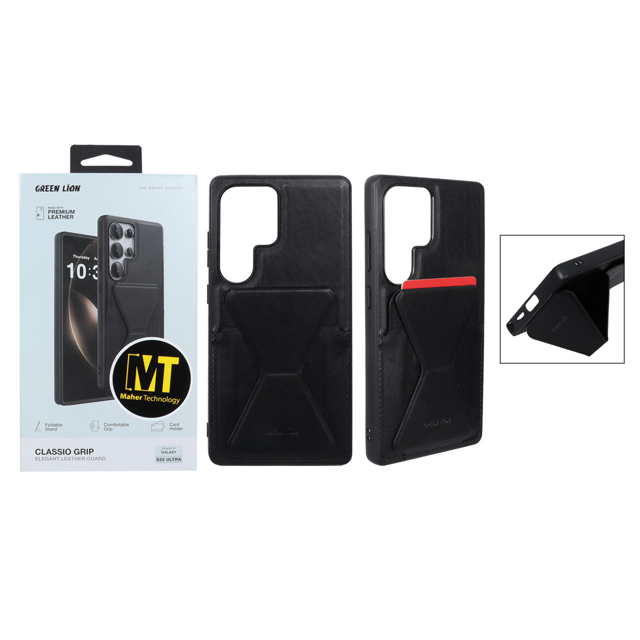 قاب اورجینال Green Lion چرمی استندشو Classio Grip مدل Samsung Galaxy S25 Ultra - مشکی (پک دار)